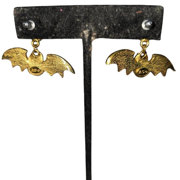 Bat & Pumpkin Halloween Dangle Earrings Pierced Enamel & Rhinestone - Picture 3 of 5